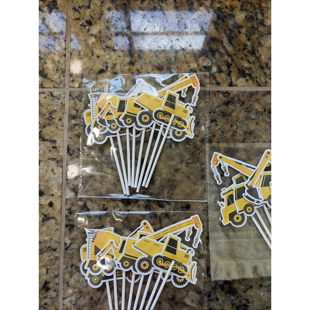 Yellow Construction Party Truck Crane Machine Digger Cupcake Toppers NEW 24-CT